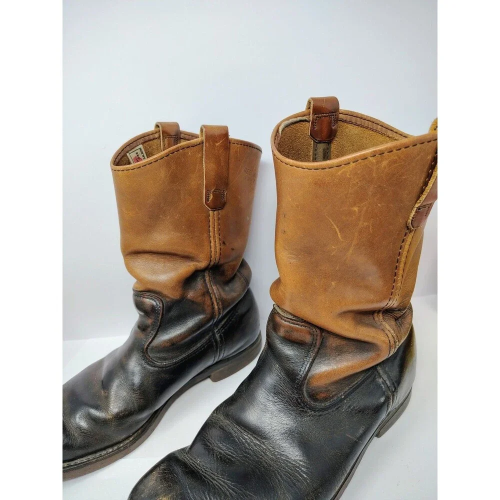 Red Wing Pecos Black Beige Leather Pull On Work Boots Mens Round Toe USA Made 10